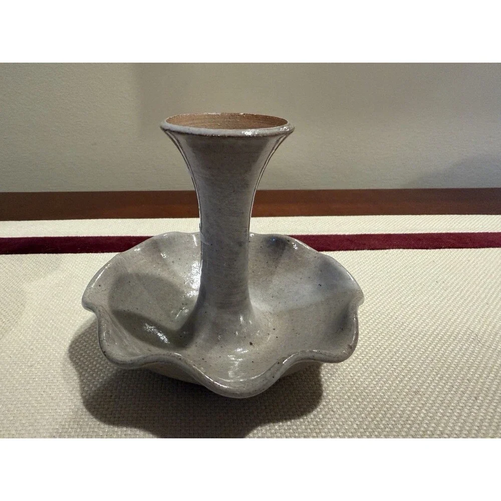 Set of 2 Handmade Pottery Candlestick Holders Blue and Gray Glazed Signed